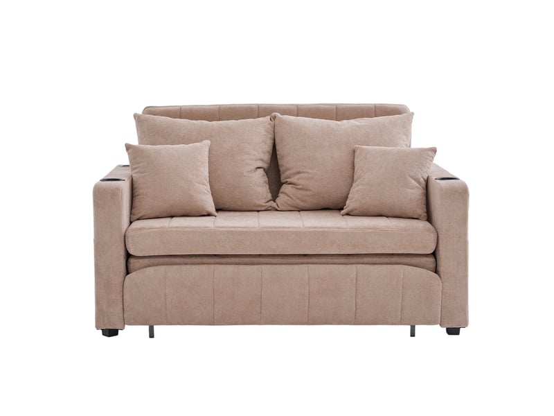 Canapé convertible 2 places avec usb, poches latérales et porte-gobelets - chenille kaki 139 × 83 × 58 cm - Conforama A