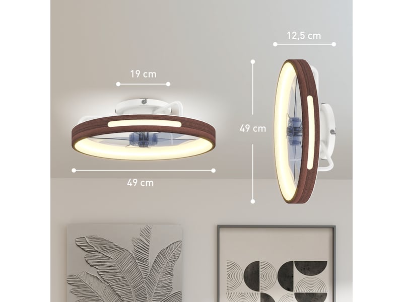 Ventilateur de plafond avec éclairage led, moteur cc 40 w, réversible, télécommande, 6 vitesses, 3 couleurs, minuterie, teck - Conforama E