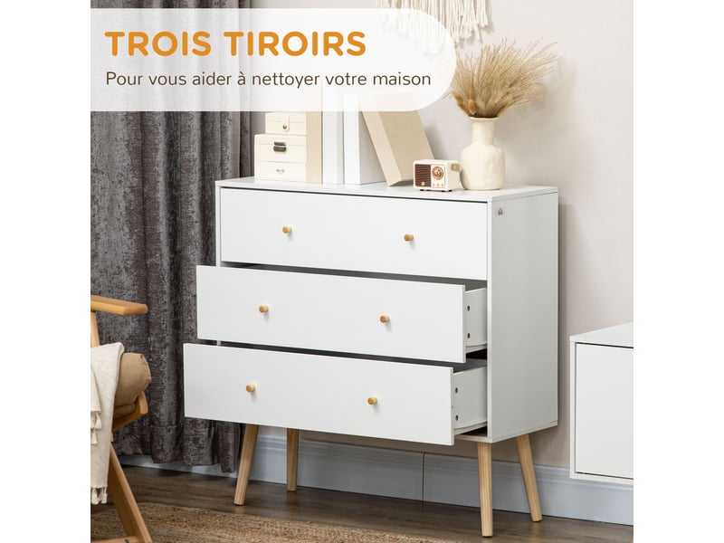  Commode 3 tiroirs design scandinave piètement effilé incliné bois pin panneaux blancblanc 80 x 30 x 80 cm  - Conforama E