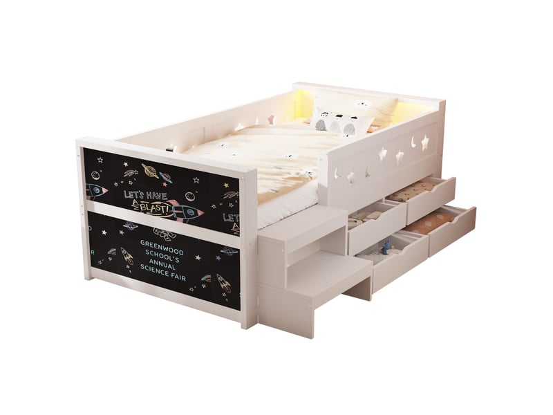  Lit pour enfant, 90x200 cm, avec barrières de sécurité, tiroirs, led, matelas non inclus, bois, coloris noir et blanc  - Conforama A