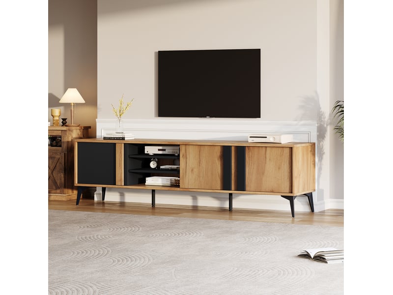  Meuble tv bas 180 x 40 x 50 cm, 3 portes, 4 niches, marron et noir  - Conforama D