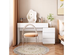Coiffeuse+commode 125x38.9x76cm, 5 tiroirs, rangement, meuble chambre, panneau de particules blanc+naturel