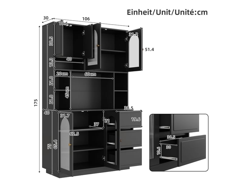  Buffet rangement fermé portes acryliques cintrées compartiments ouverts éclairage led réglable en couleur contrôlé par application  - Conforama C