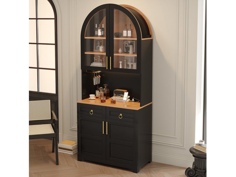 Buffet 80x40x180 cm avec vitrine en verre cintrée, éclairage led, prise intégrée et usb, 2 tiroirs, mdf, coloris noir - Conforama E