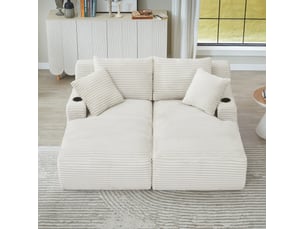 Canapé 2 places convertible en double méridienne, assise à ressorts, porte-gobelets, velours côtelé, beige