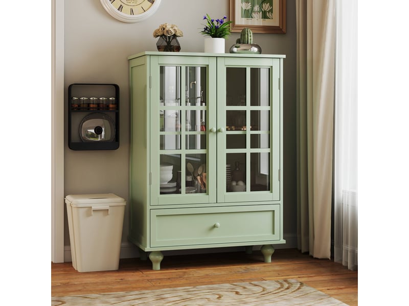  Buffet de cuisine - 71x38x93 cm - meuble de rangement minimaliste moderne en bois avec 2 portes vitrées et tiroir - vert  - Conforama C