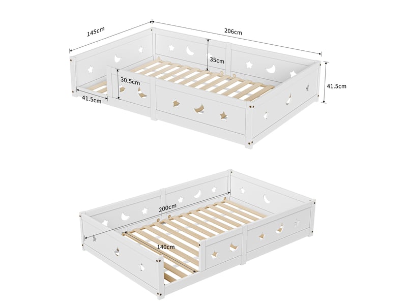  Lit enfant montessori 140x200 cm, lit simple, lit au sol avec barrière de sécurité et motif étoile, bois, blanc  - Conforama E