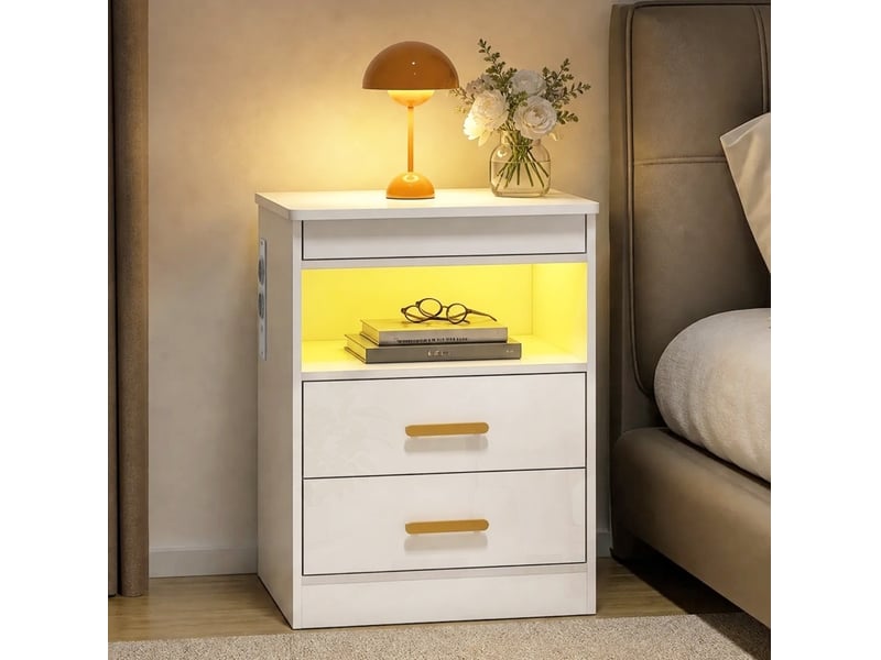  Table de chevet avec 2 tiroirs, prises et led rgb 45x40x59 cm blanc brillant  - Conforama D