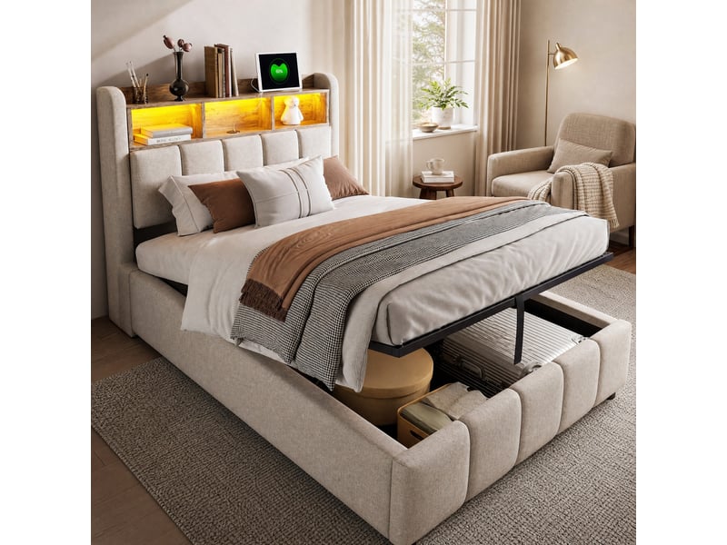  Lit rembourré tcqpz 90 x 200 cm led usb type-c rangement hydraulique tête de lit avec étagères lin beige  - Conforama B