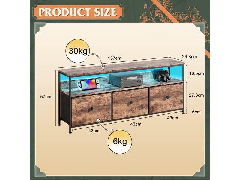  Meuble tv avec led,armoire tv de salon avec 3 tiroirs, tiroirs en tissu et structure en métal,137 x 29.8 x 57 cm,marron  - Conforama C