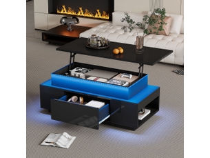 Table basse relevable avec 1 tiroir et rangements ouverts, led, pour salon, en panneau de particules, noir - uvrion