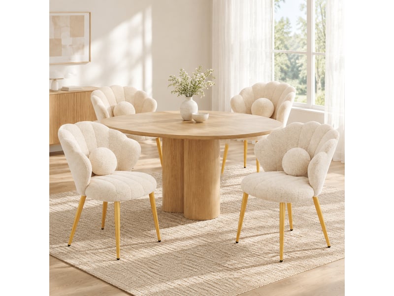 Lot de 4 chaises de salle à manger coquille en tissu teddy beige, pieds dorés - Conforama C