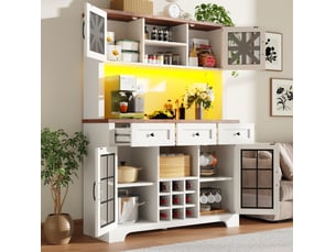 Buffet haut blanc 120 x 40 x 180 cm avec led, range-bouteilles et porte-verres