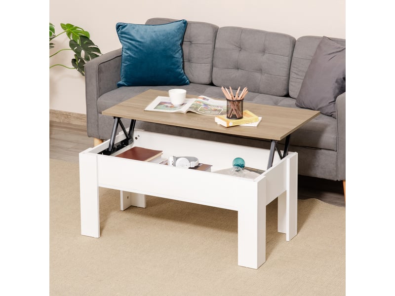  Table basse relevable, table de salon avec compartiment caché, style moderne, pour salon, bureau, 100x50x45cm, blanc  - Conforama A