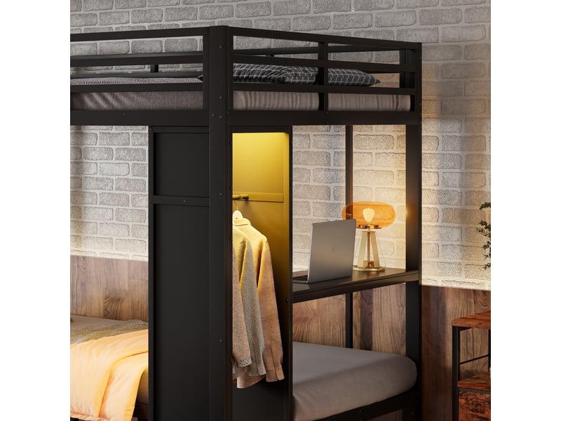 Lit superposé en métal avec espace penderie - 140x200cm et 90x200cm - chevet mobile, éclairage led et étagère - avec sommiers à lattes métalliques - noir - Conforama E