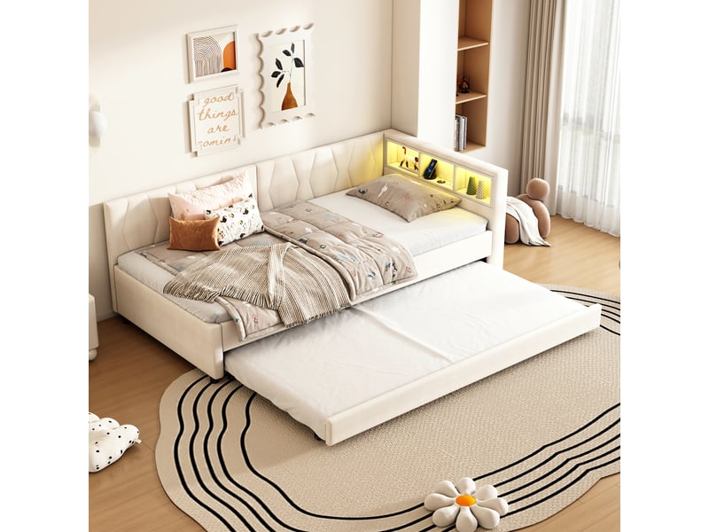  Lit enfant 90x200 cm avec lit gigogne 90x190 cm, led et prise usb, en lin beige, sans matelas  - Conforama B