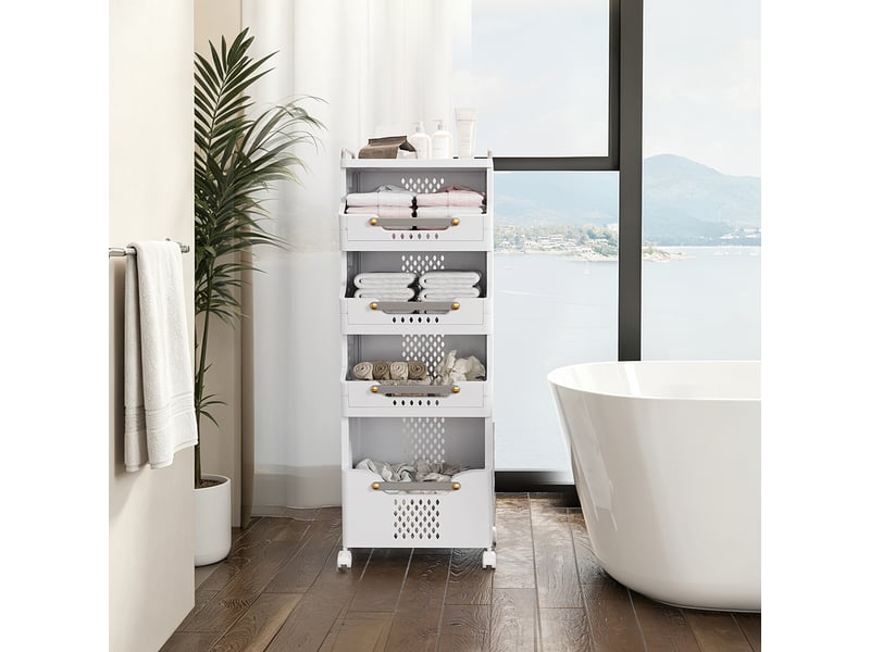  Chariot de rangement à 4 niveaux, avec roulettes et poignée de poussée, paniers multifonctions pour la cuisine, la salle de bain et la buanderie  - Conforama A