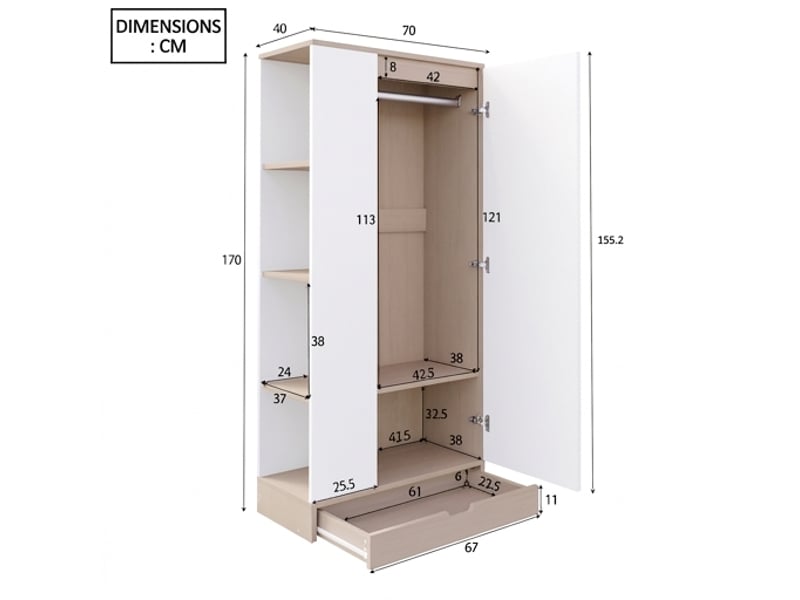  Armoire 1 porte blanche et bois naturel 70x40x170 cm avec étagères et tiroirs, meuble de rangement chambre  - Conforama C