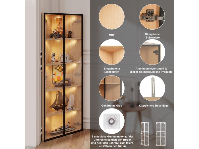  Vitrine en verre led - chêne - 62x35x160cm - éclairage intégré - design d'angle - anti-basculement  - Conforama D