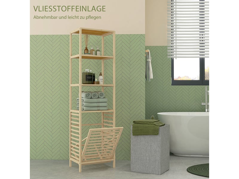  Étagère de salle de bain en bambou, 44 x 33 x 160 cm, 3 étagères ouvertes, panier amovible et système anti-basculement  - Conforama E
