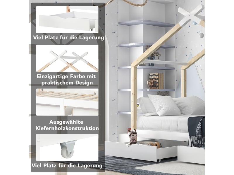  Lit cabane, lit enfant 90x200cm en bois pour garçons &amp; filles, protection contre les chutes, sommier à lattes, gris  - Conforama E