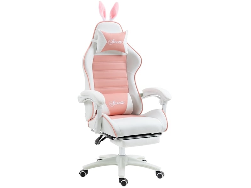  Chaise gaming rose à oreilles de lapin, en cuir régénéré, avec repose-pieds extensible et inclinaison à 135°  - Conforama A