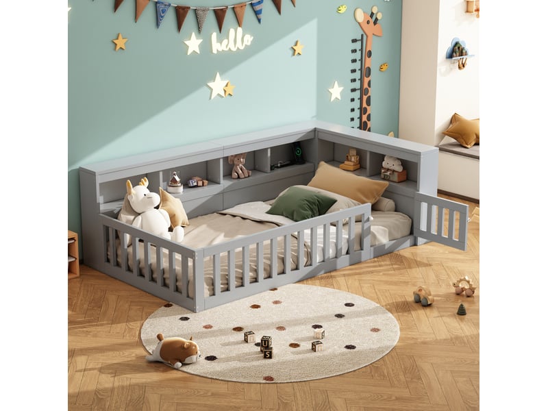  Lit simple 90x200 cm avec rangement, prises usb et barrière gris  - Conforama B