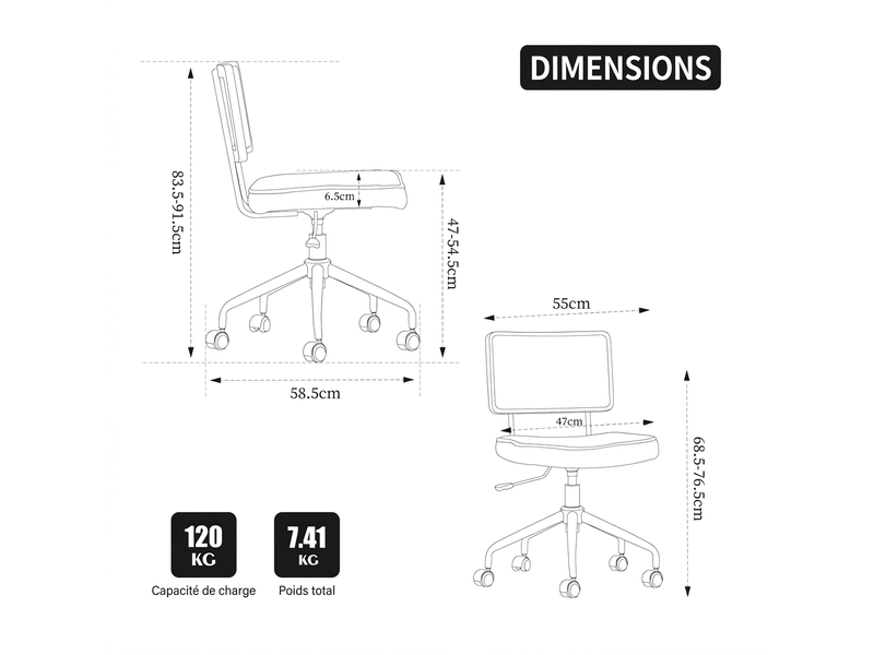  Chaise de bureau vintage en rotin et bois, fauteuil de bureau réglable avec siège en cuir pu marron, pivotant à roulettes  - Conforama C
