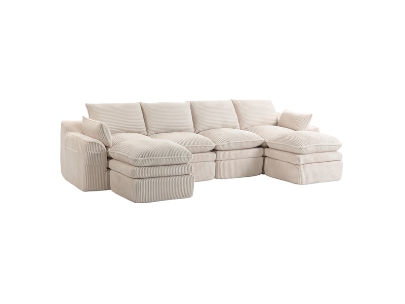  Canapé droit modulable 4 places en velours côtelé beige avec 2 poufs, poches latérales et coussins confortables  - Conforama A