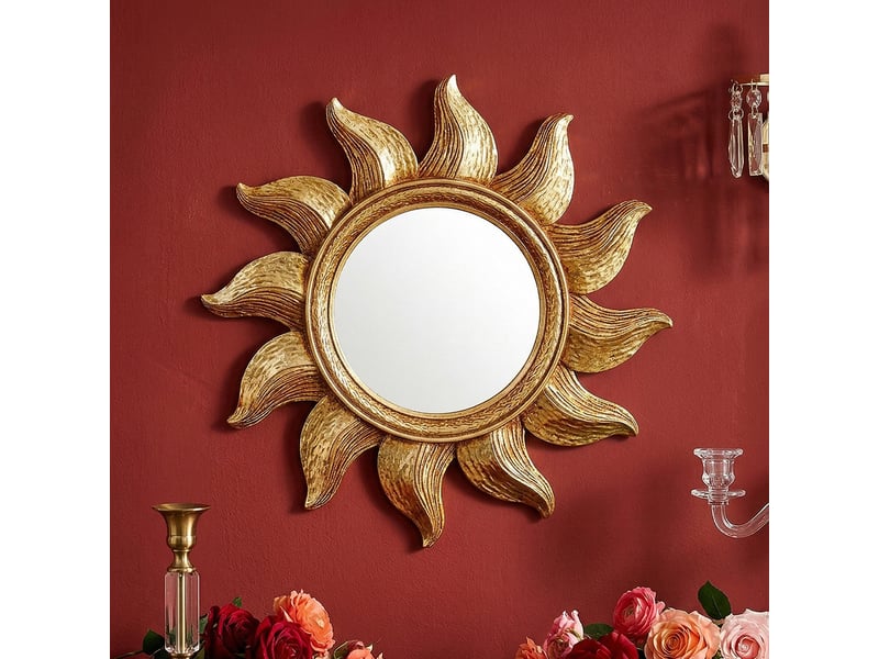  Miroir suspendu tournesol en résine dorée – miroir sculpté de style européen – décoration bohème pour salon ou bureau – 34,9 cm  - Conforama C