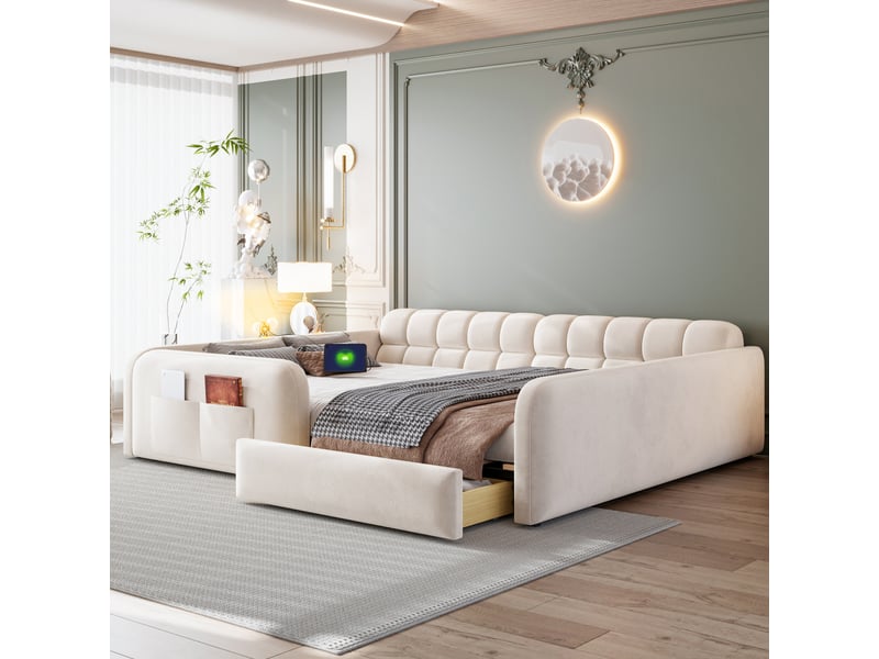 Lit enfant 140 x 200 cm avec grand tiroir, veilleuse et usb-type-c, lit rembourré en velours avec dossier façon canapé et hauts garde-corps - beige - Conforama C