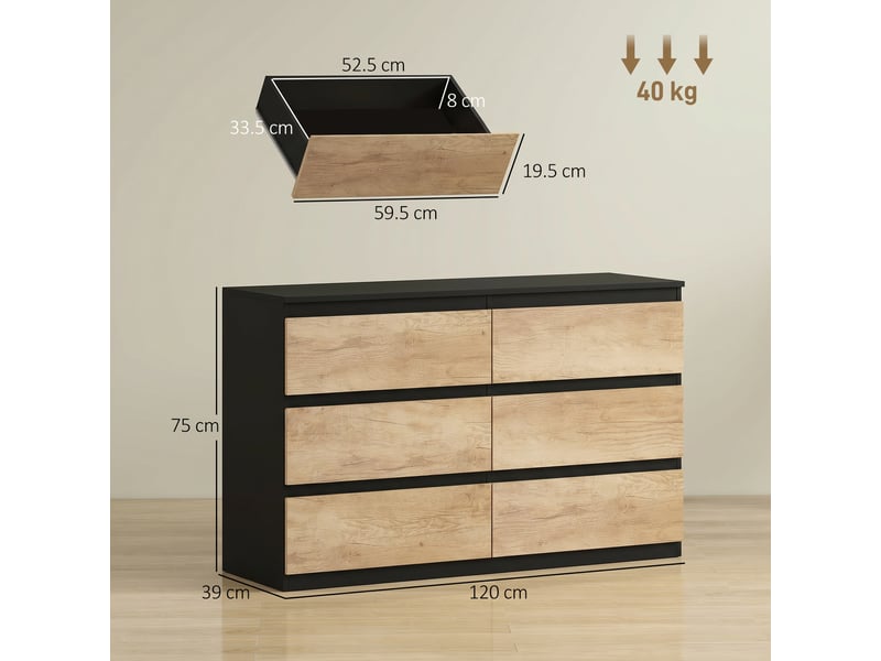  Commode en bois à 6 tiroirs pour chambre à coucher, 120 x 39 x 75 cm, noir et chêne  - Conforama E