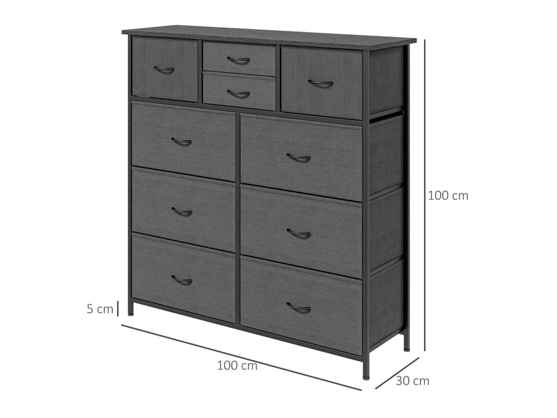  Commode avec 10 tiroirs en tissu, pieds réglables et structure en acier, pour chambre et salon, 100 × 30 × 100 cm  - Conforama D