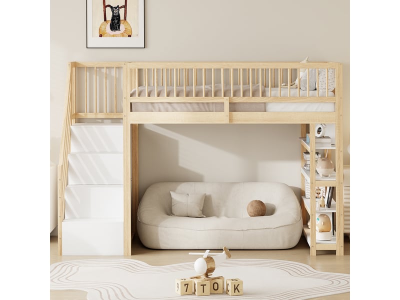  Lit mezzanine enfant 90x200 cm lit surélevé avec escalier à rangements,armoire,étagères,garde-corps,pin massif et mdf,naturel  - Conforama D
