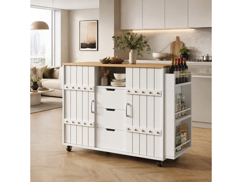  Desserte de cuisine blanche 110x42x90 cm en mdf avec plateau rabattable  - Conforama E