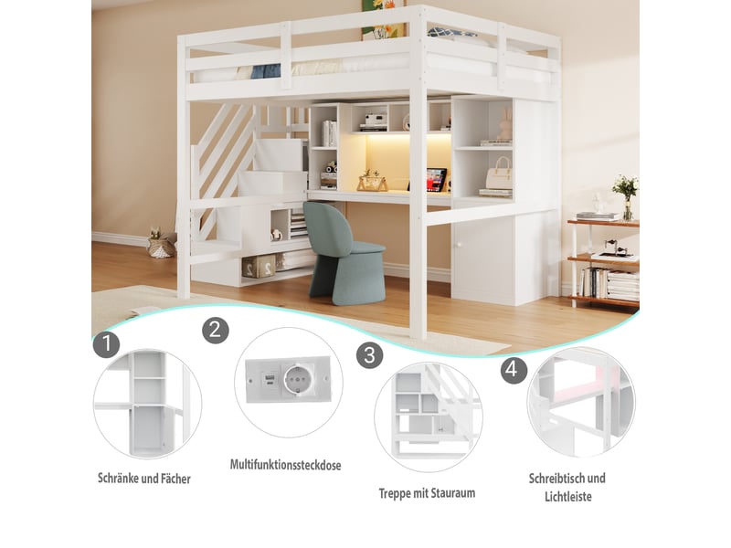 Lit mezzanine 140x200 blanc, bureau intégré, escalier avec rangements et éclairage led - Conforama R