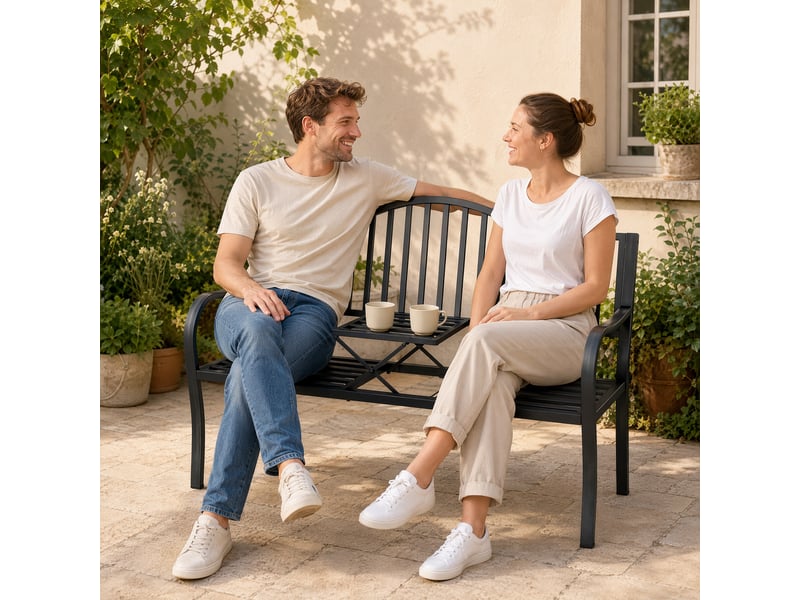  Banc de jardin 2 places avec table extensible en métal noir  - Conforama C