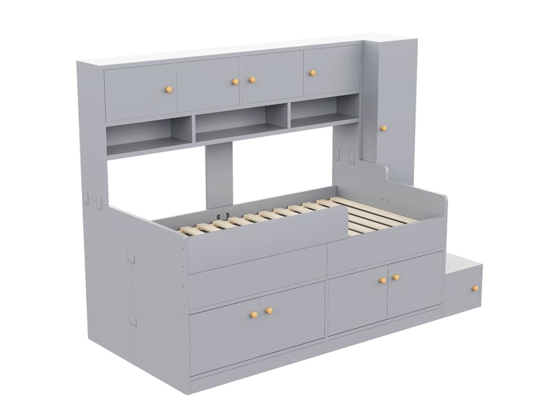 Lit enfant 90×200 cm avec rangements, armoire, échelle, led et barrière en bois gris  - Conforama D