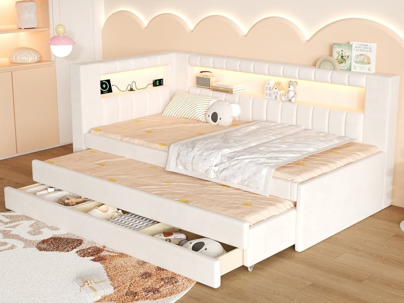  Lit rembourré pour enfant, 90x200 cm, avec lit gigogne, tiroirs de rangement, led et charge usb, blanc  - Conforama B