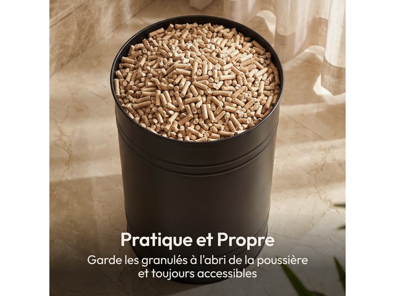  Casabel réservoir pellets &amp; granulés rond, cap. 45kg, métal noir, couvercle bambou, compact &amp; élégant, pour poêle  - Conforama D