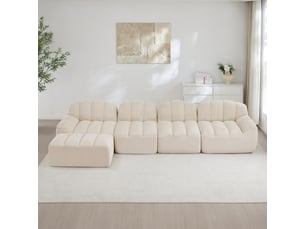 Canapé d’angle coquille 4 places avec pouf beigeblanc – 366 x 165 x 79 cm