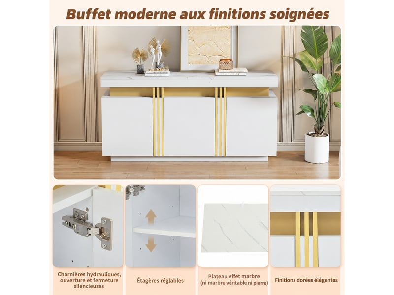  Buffet blanc moderne 3 portes 140 cm avec plateau effet marbre et finitions platine  - Conforama D