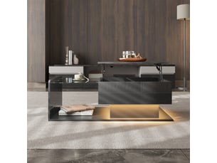 Table basse relevable 100x50x33-47,5 cm avec plateau en verre trempé, bande led et rangement, panneau de particules, noir