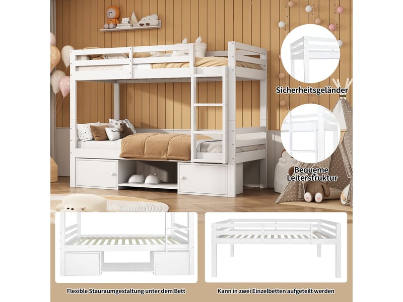  Lit superposé 90x200cm -  séparable en 2 lits - lit enfant - avec étagères, armoire, bois massif, design moderne, blanc  - Conforama E