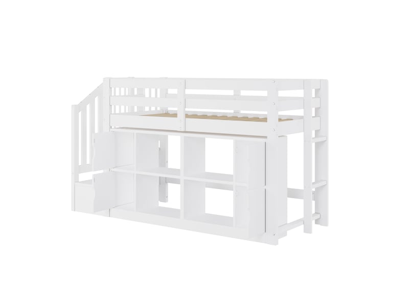  Lit mezzanine enfant 90x200 cm – blanc – rangements, bibliothèque, escalier avec rangement et led - sans matelas  - Conforama D