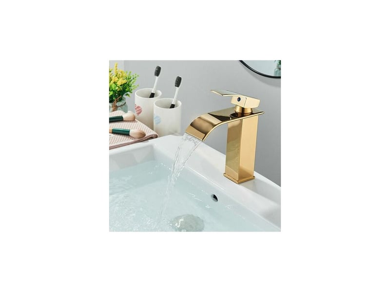  Robinet de salle de bain design moderne, couleur or, durable, contrôle de l'eau chaude et froide - profil bas de 18 cm HRC0000416TBY - Conforama D