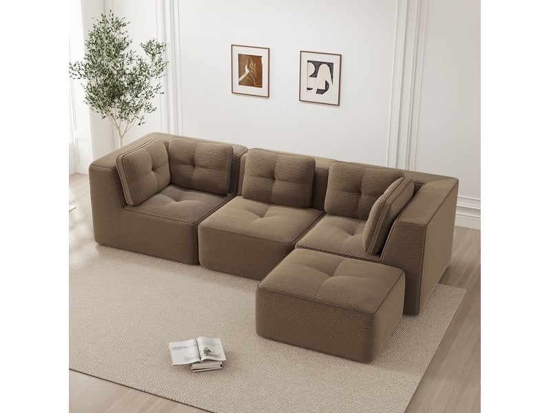  Canapé d'angle ulevr modulable 3 places avec ottomane, sans montage, 297 x 177 x 69 cm, velours côtelé marron  - Conforama E