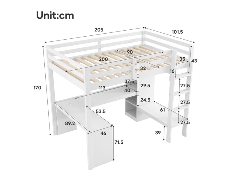  Lit mezzanine 90x200 cm – lit enfant gain de place avec bureau intégré penderie led et usb – bois de pin – blanc CozyNest - Conforama D