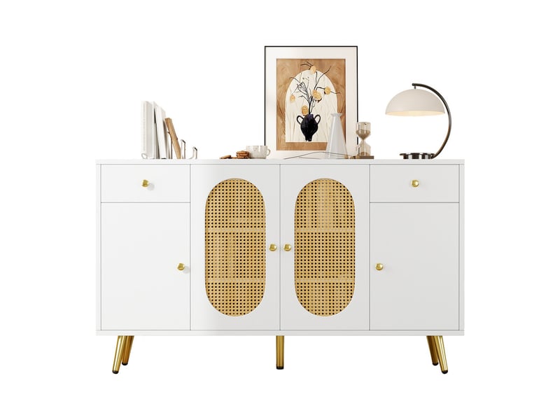  Commode 2 tiroirs et 4 portes, étagères réglables en hauteur, l140 x p35 x h82 cm, coloris blanc et tons naturels  - Conforama A