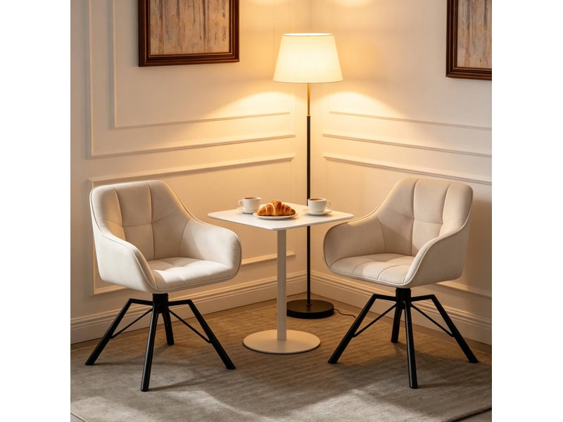  Chaise de salle à manger pivotante 57x50x82,5cm, blanc crème, métal, accoudoirs, dossier  - Conforama E